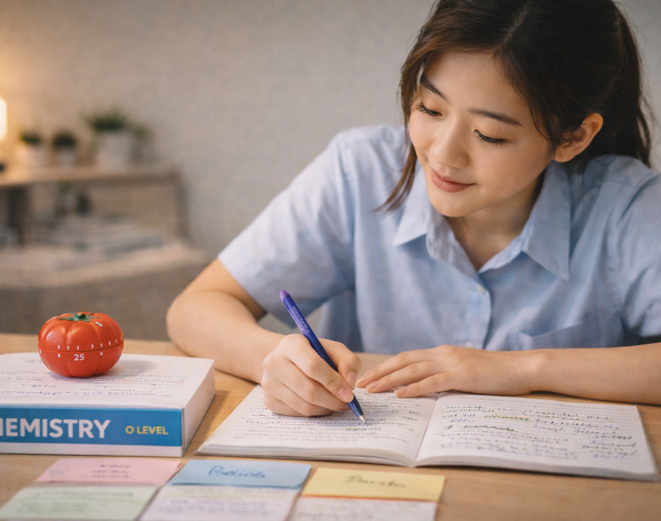 Singaporean student using Pomodoro timer to study O Level Chemistry effectively with organised notes and flashcards