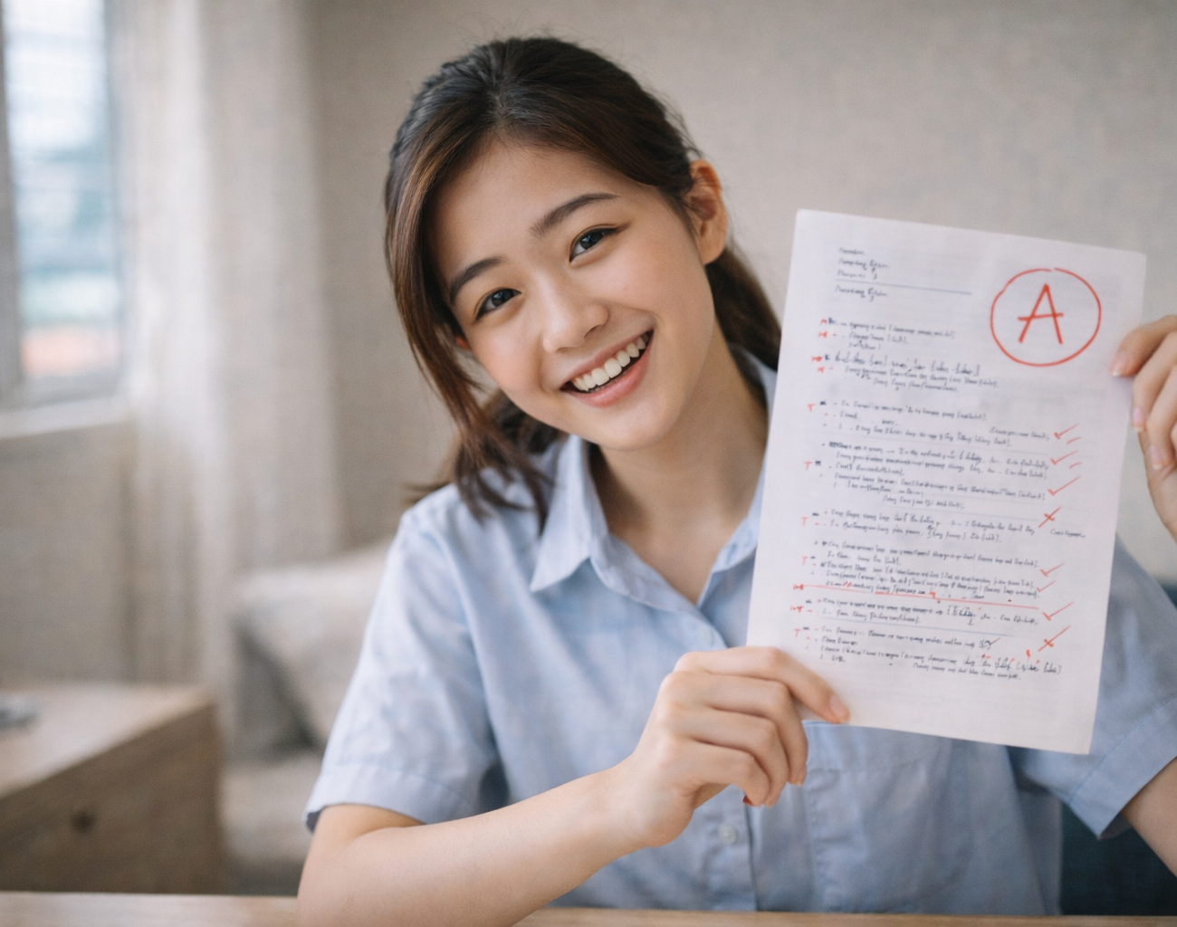 Singaporean student smiling while holding up A grade Chemistry exam paper after tuition in Singapore