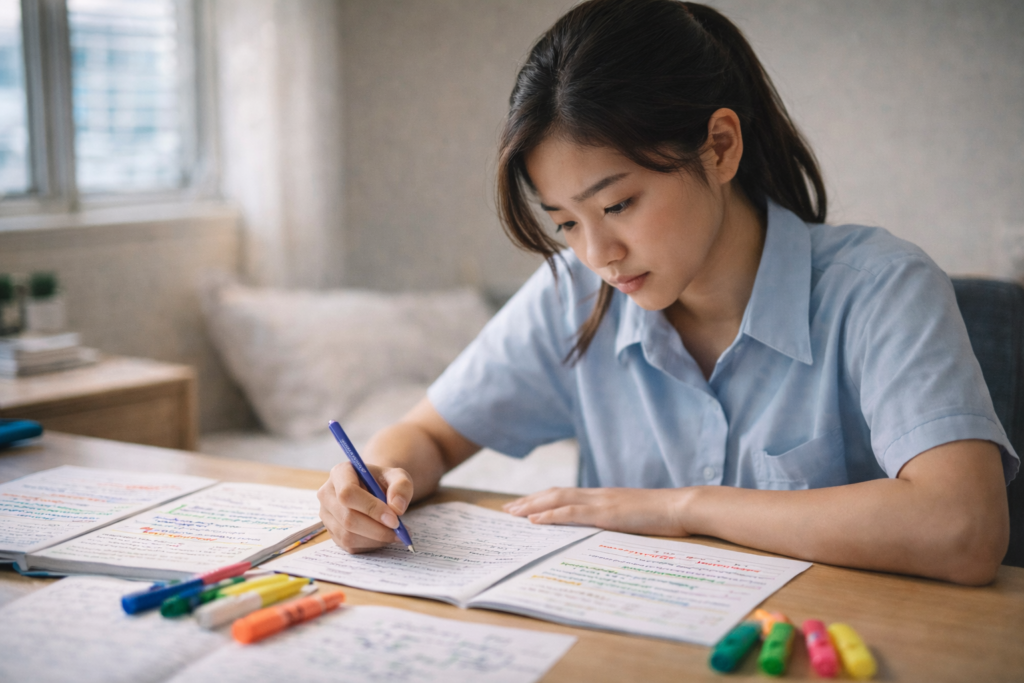 Singaporean student studying O Level Chemistry exam tips with colour-coded revision notes and highlighters