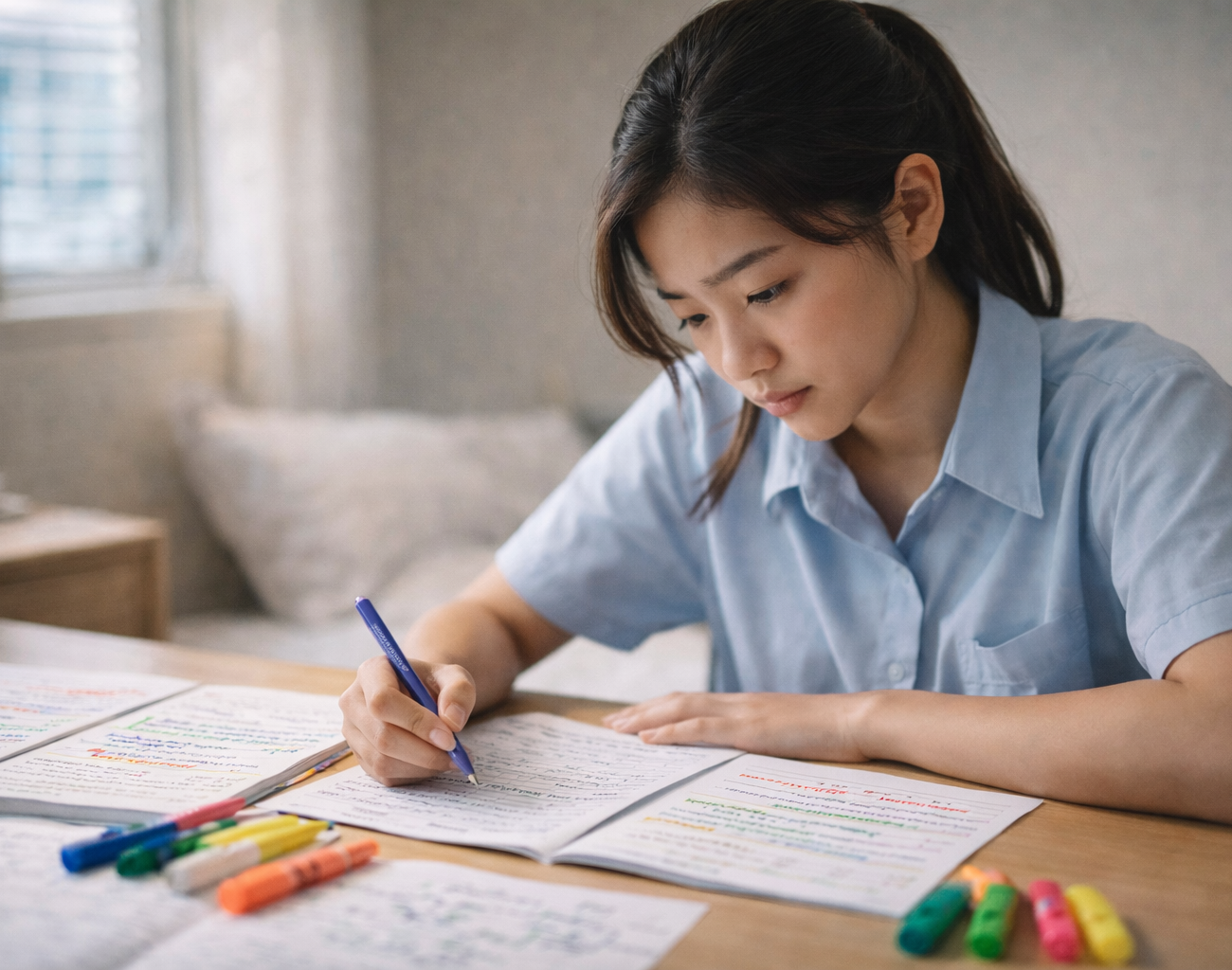 Singaporean student studying O Level Chemistry exam tips with colour-coded revision notes and highlighters