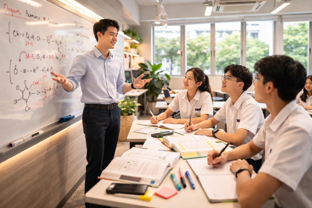 O Level Chemistry tutor teaching Singaporean students at whiteboard with chemistry equations in tuition centre