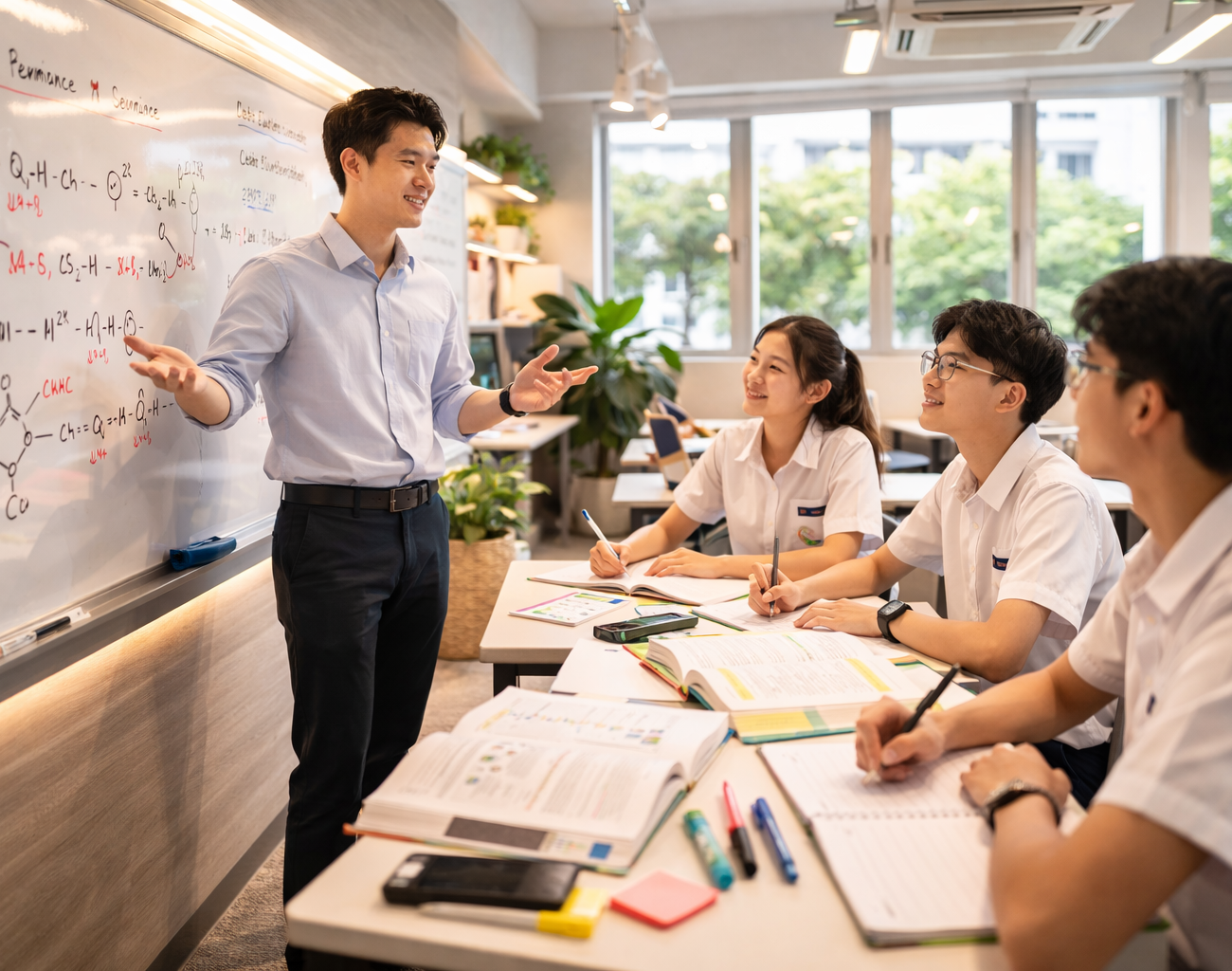 O Level Chemistry tutor teaching Singaporean students at whiteboard with chemistry equations in tuition centre