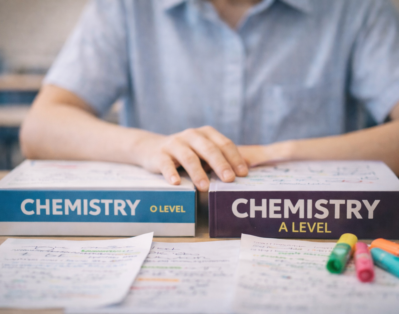 O Level and A Level Chemistry textbooks side by side on student's desk showing key differences