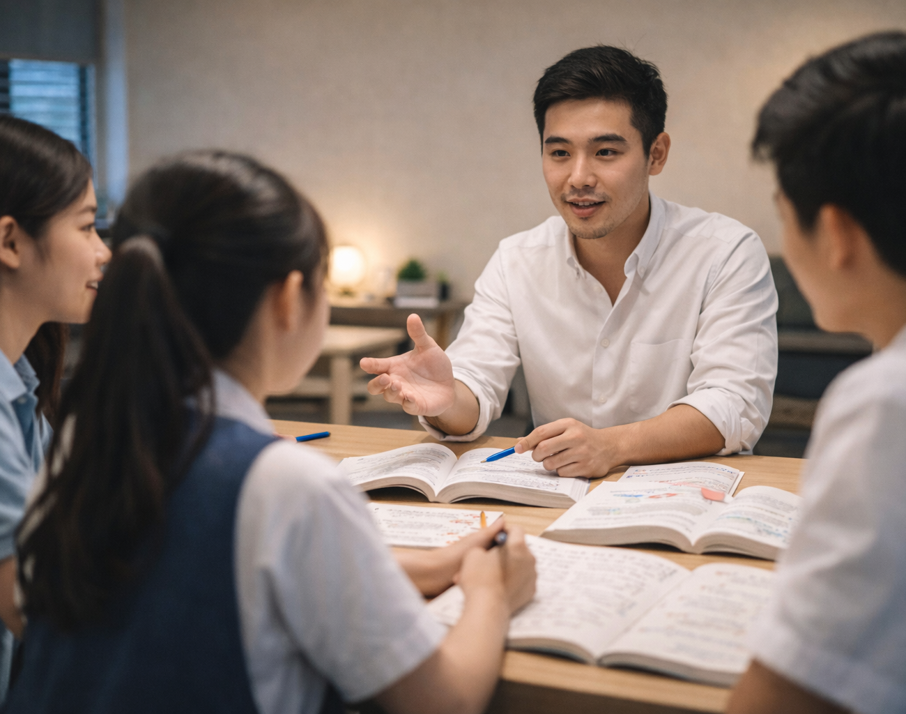 O Level Chemistry tutor explaining concepts to small group of Singaporean students at tuition class