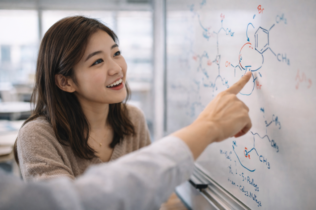Singapore student smiling while understanding organic chemistry reaction diagram on whiteboard