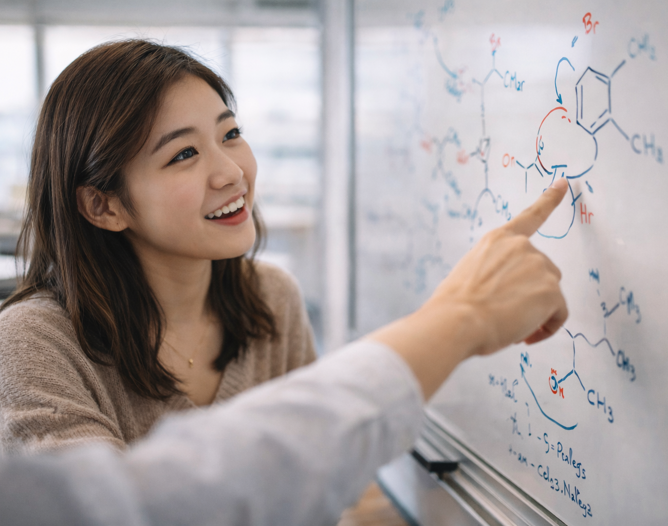 Singapore student smiling while understanding organic chemistry reaction diagram on whiteboard