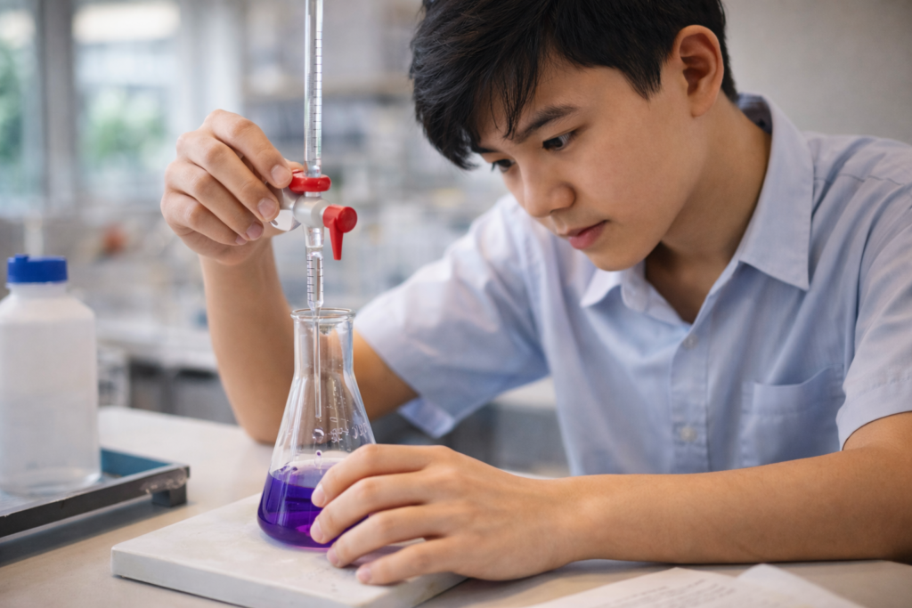 O Level student conducting acid-base titration experiment with burette and indicator solution in school laboratory