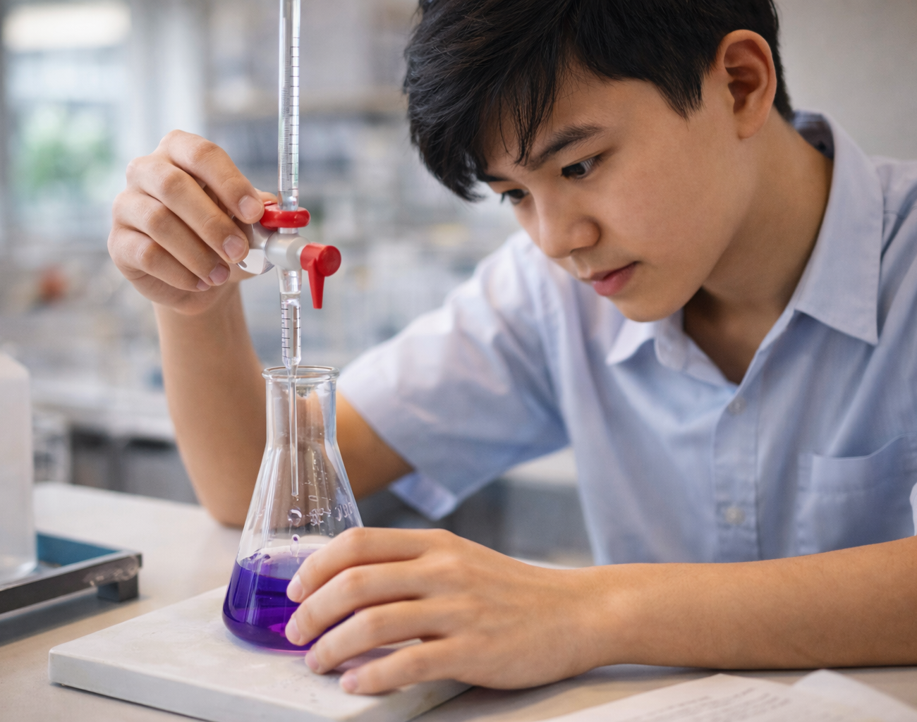 O Level student conducting acid-base titration experiment with burette and indicator solution in school laboratory