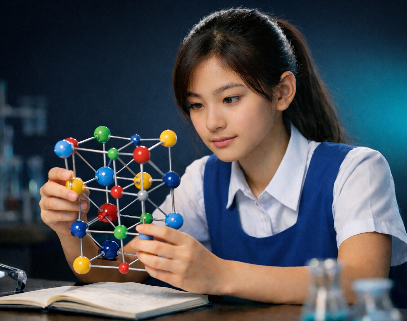 Singapore O Level student examining a 3D molecular bonding model to understand chemical bonding types for chemistry exam — IONX Labs tuition