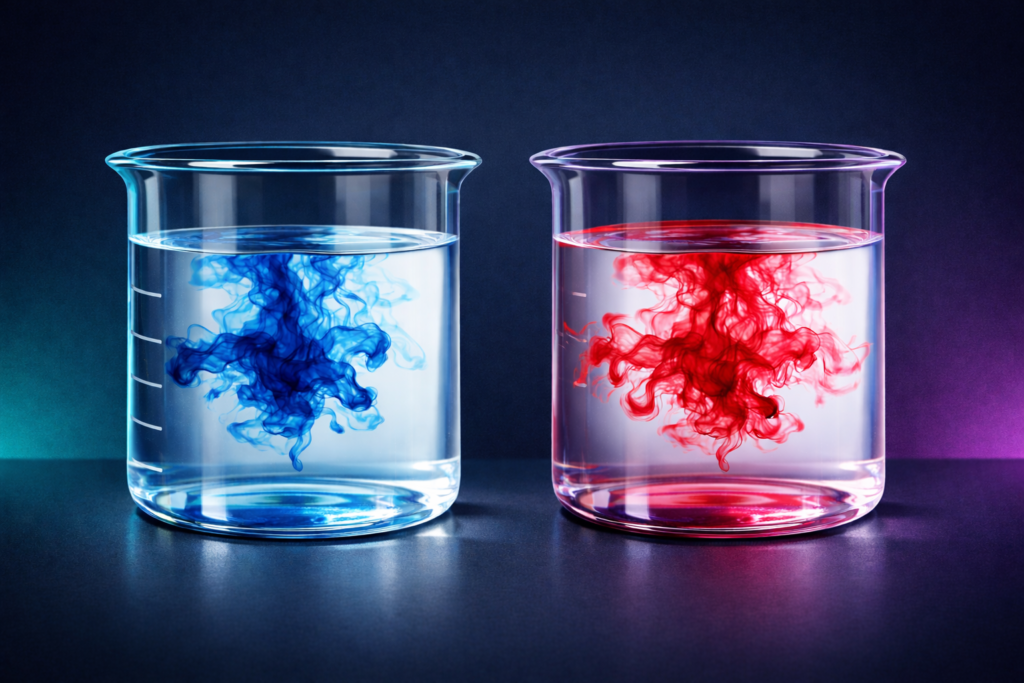 Diffusion and osmosis O level biology experiment showing blue and red dye spreading through water in two beakers demonstrating concentration gradient for Singapore students — IONX Labs