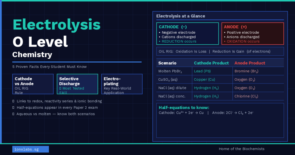 Electrolysis O level chemistry diagram showing electrolytic cell, cathode, anode and ion movement for Singapore students — IONX Labs