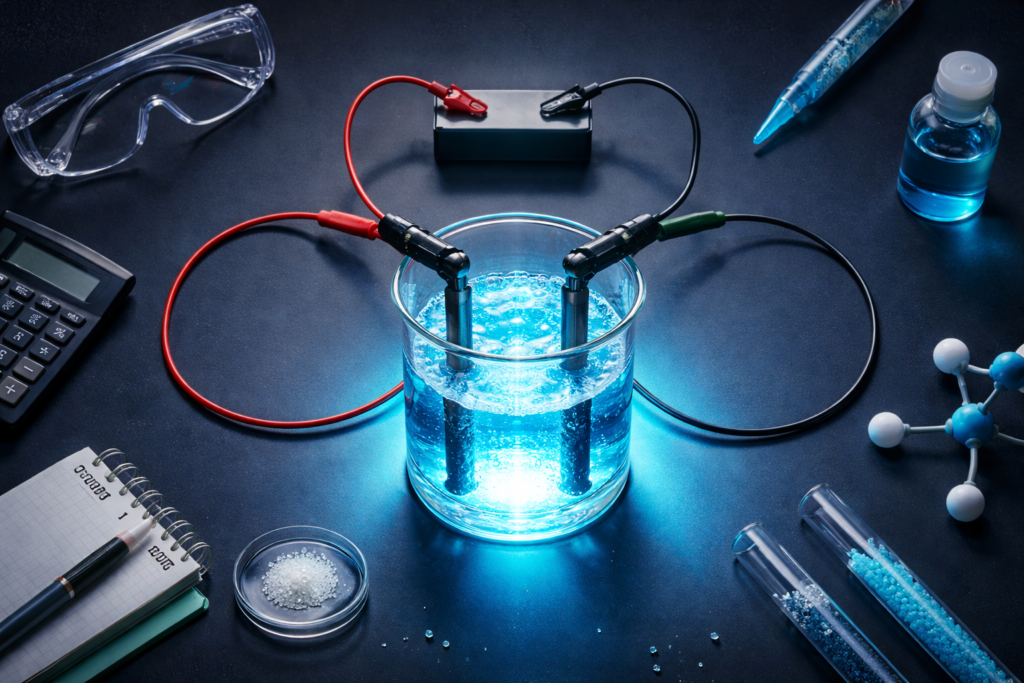 Electrolysis O level setup showing electrodes, electrolyte solution and bubbles forming in an electrolytic cell — IONX Labs Singapore chemistry tuition