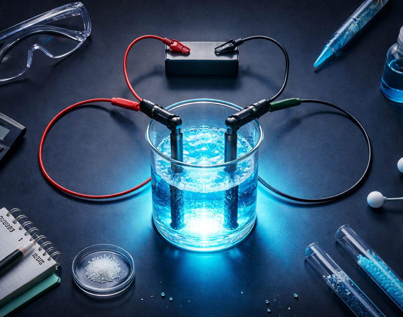 Electrolysis O level setup showing electrodes, electrolyte solution and bubbles forming in an electrolytic cell — IONX Labs Singapore chemistry tuition