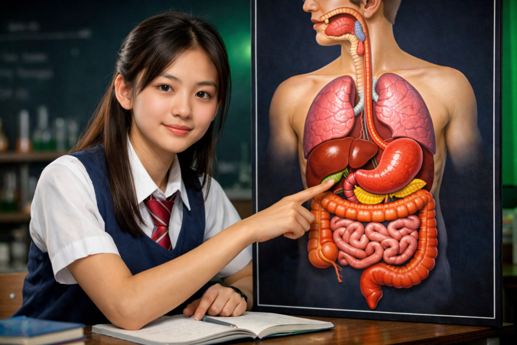 Singapore O Level student studying a human digestive system diagram showing organs and digestion stages for biology exam — IONX Labs tuition