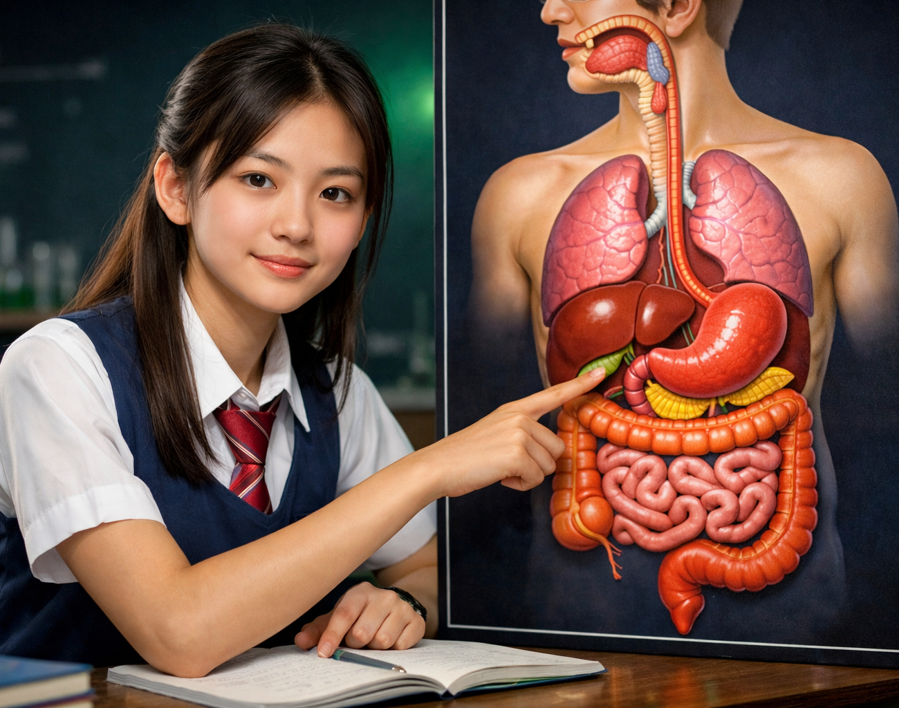 Singapore O Level student studying a human digestive system diagram showing organs and digestion stages for biology exam — IONX Labs tuition