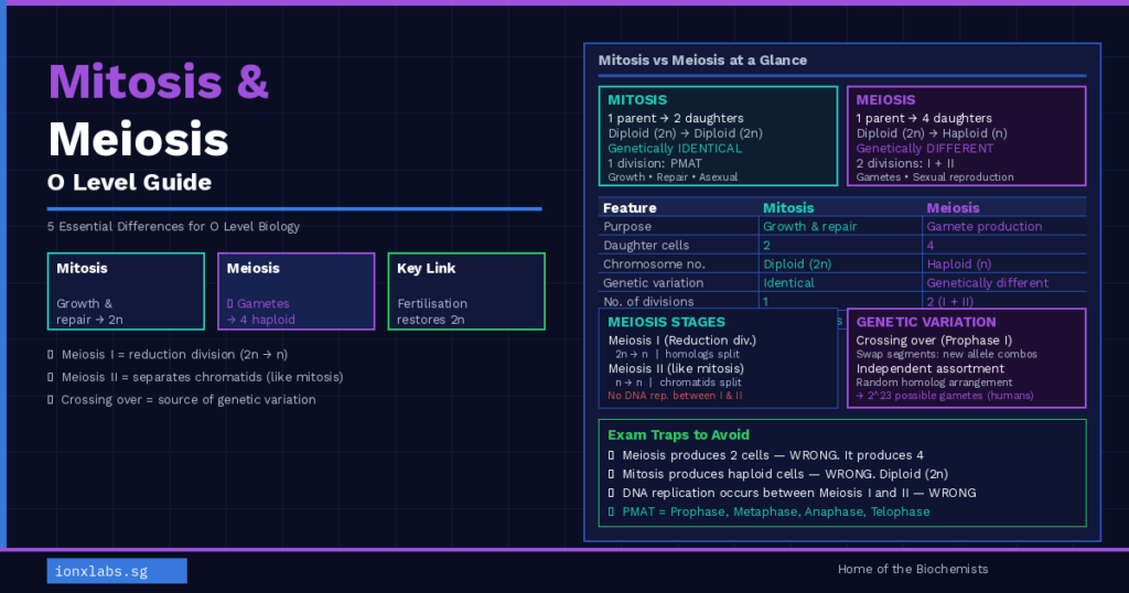 Mitosis and meiosis O level biology guide showing 5 essential differences, comparison table and cell division stages for Singapore students — IONX Labs