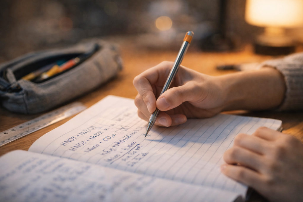 Sec 4 student writing mole concept chemical equations in notebook for O Level Pure Chemistry