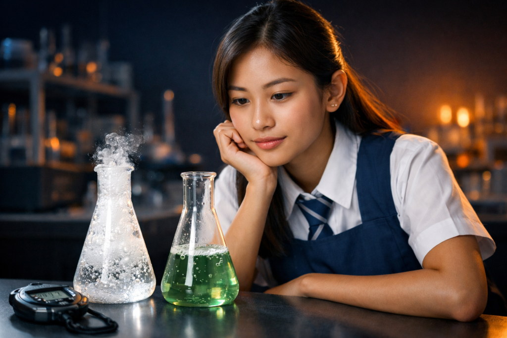 Singapore O Level student observing two chemical reactions at different rates in a school laboratory for chemistry exam study — IONX Labs tuition
