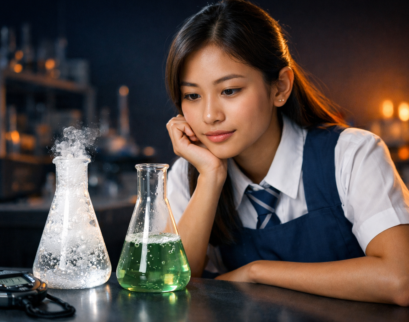 Singapore O Level student observing two chemical reactions at different rates in a school laboratory for chemistry exam study — IONX Labs tuition