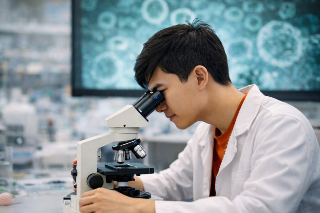 O Level student examining cell biology specimen under microscope in science laboratory