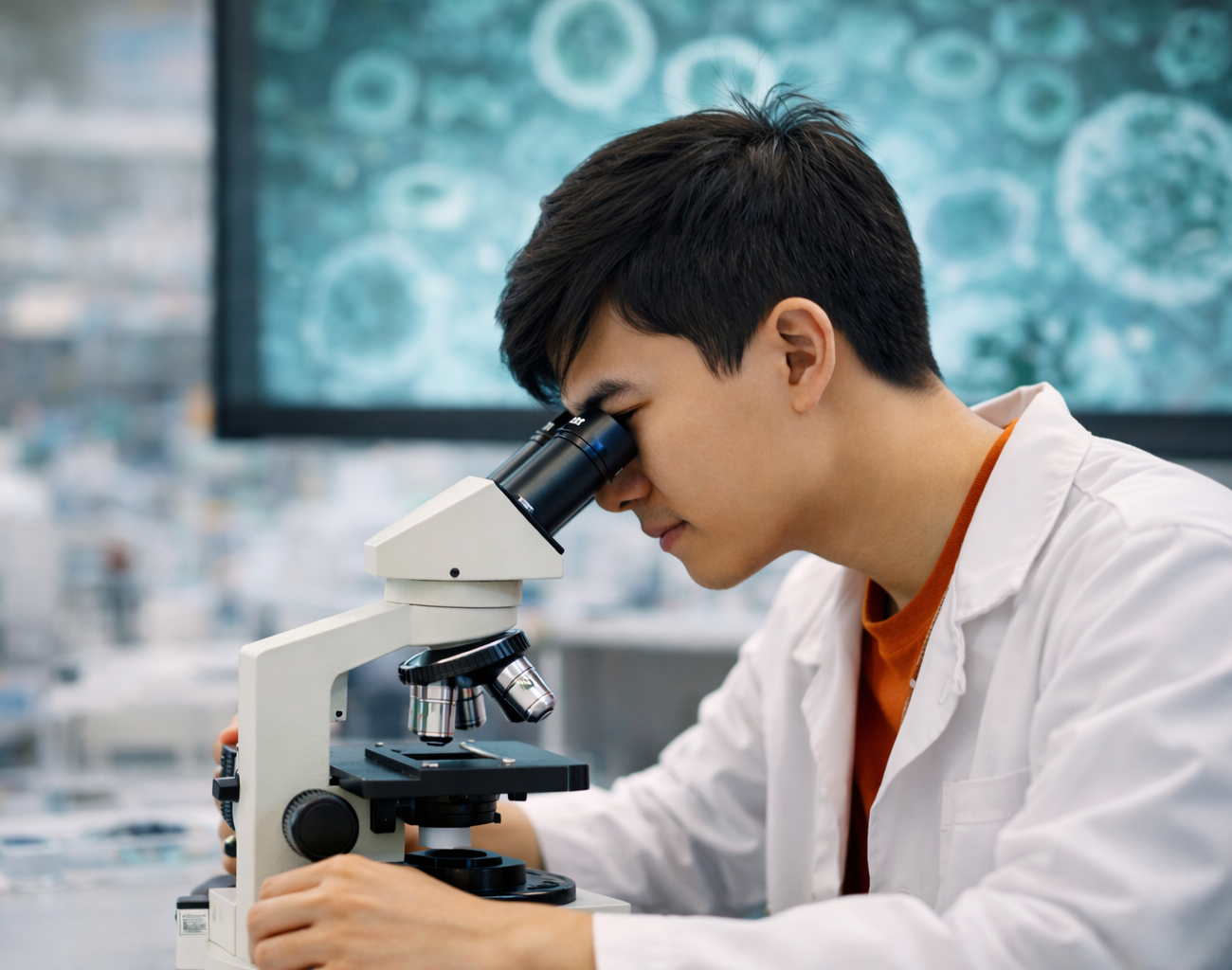 O Level student examining cell biology specimen under microscope in science laboratory
