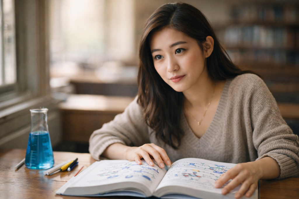 Singapore student studying organic chemistry textbook with molecular diagrams
