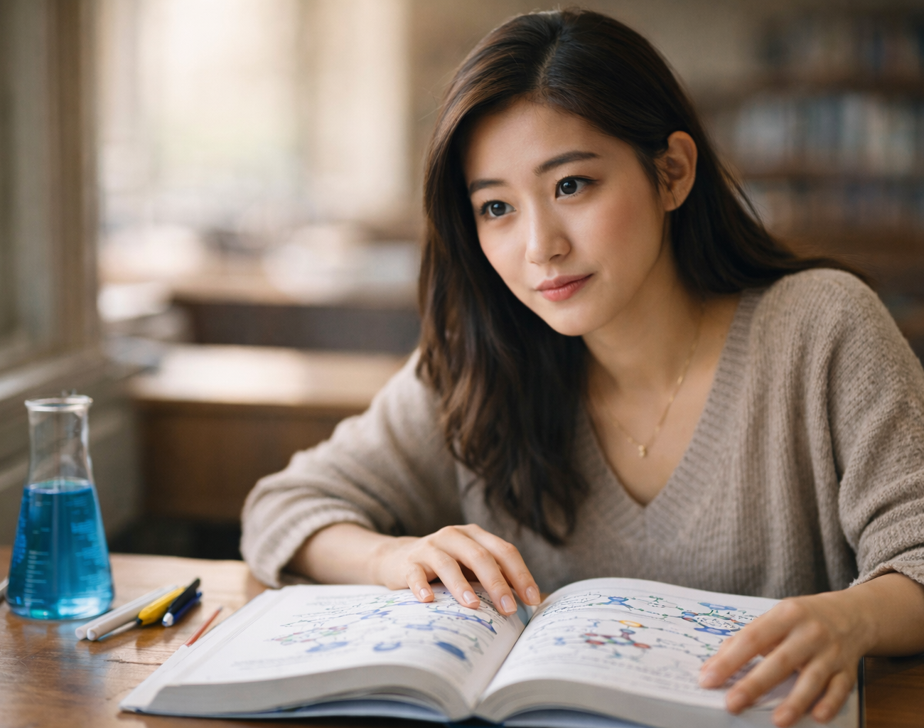 Singapore student studying organic chemistry textbook with molecular diagrams