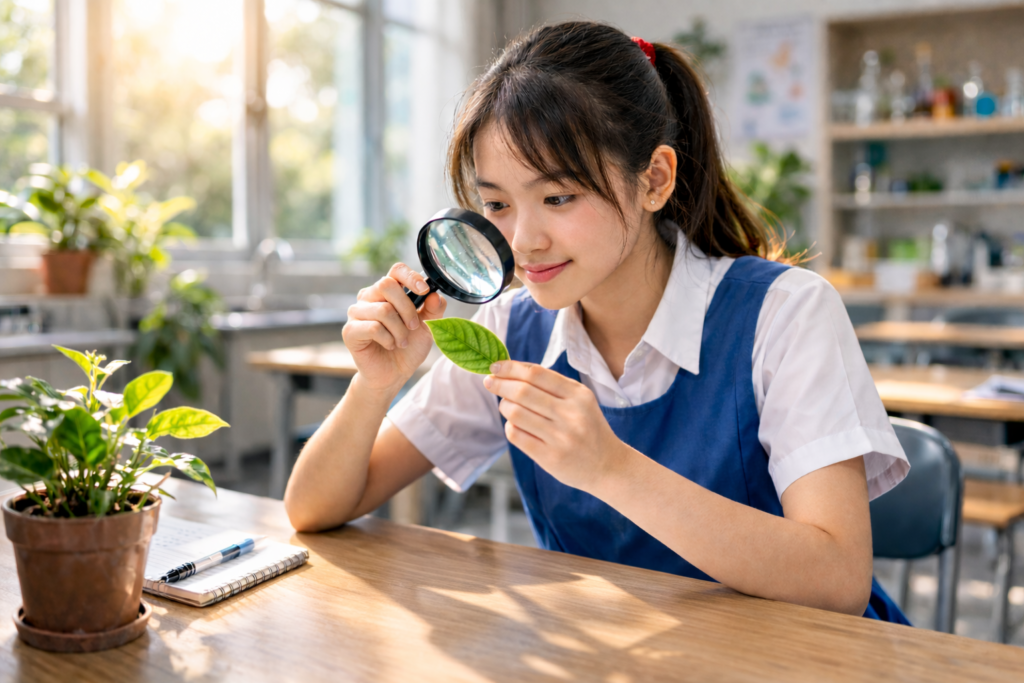 O Level Biology student examining green leaf with magnifying glass to study photosynthesis in science classroom