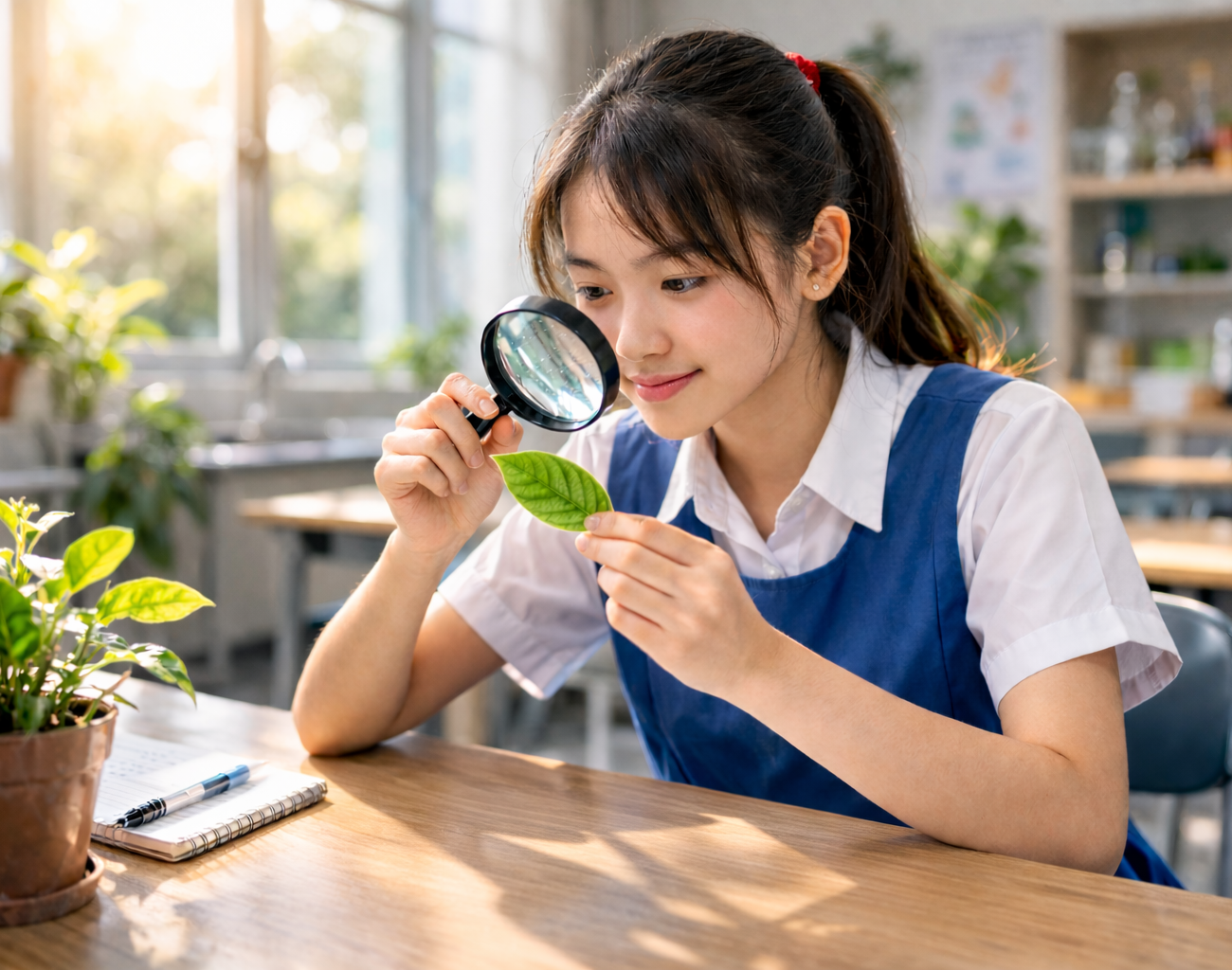 O Level Biology student examining green leaf with magnifying glass to study photosynthesis in science classroom