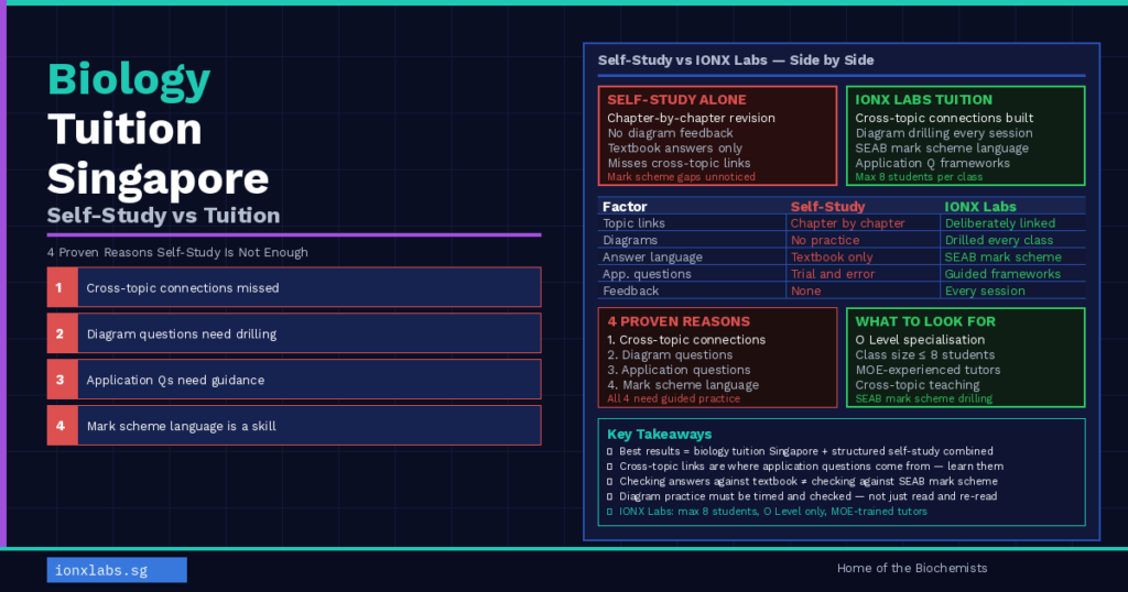 Singapore O Level student in a small biology tuition class with a tutor at a whiteboard — IONX Labs biology tuition Singapore