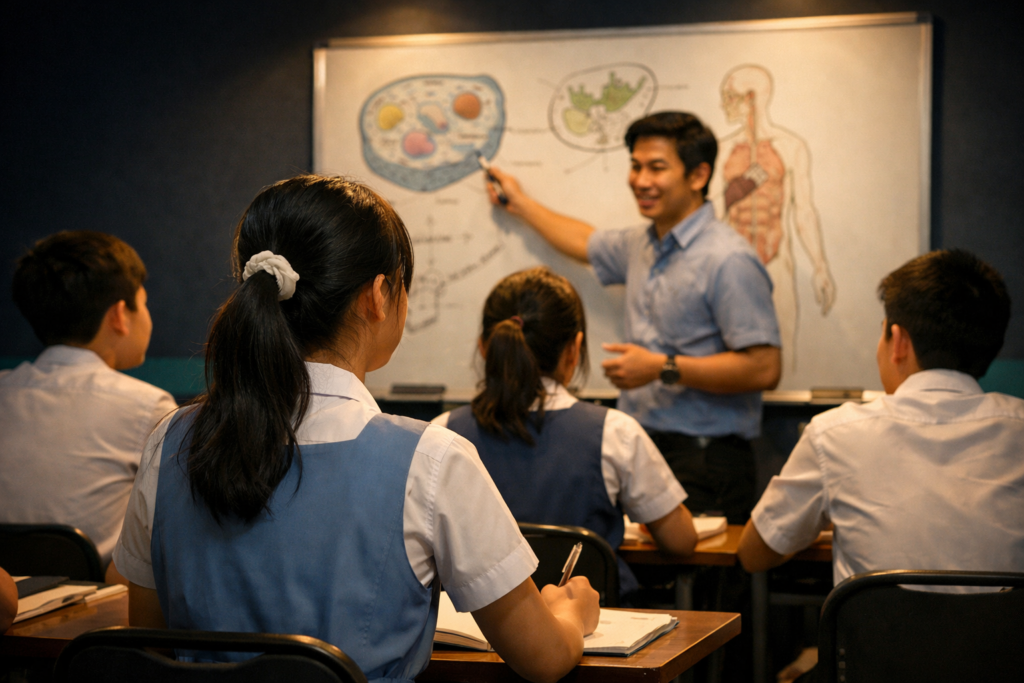 Singapore O Level student in a small biology tuition class with a tutor at a whiteboard — IONX Labs biology tuition Singapore