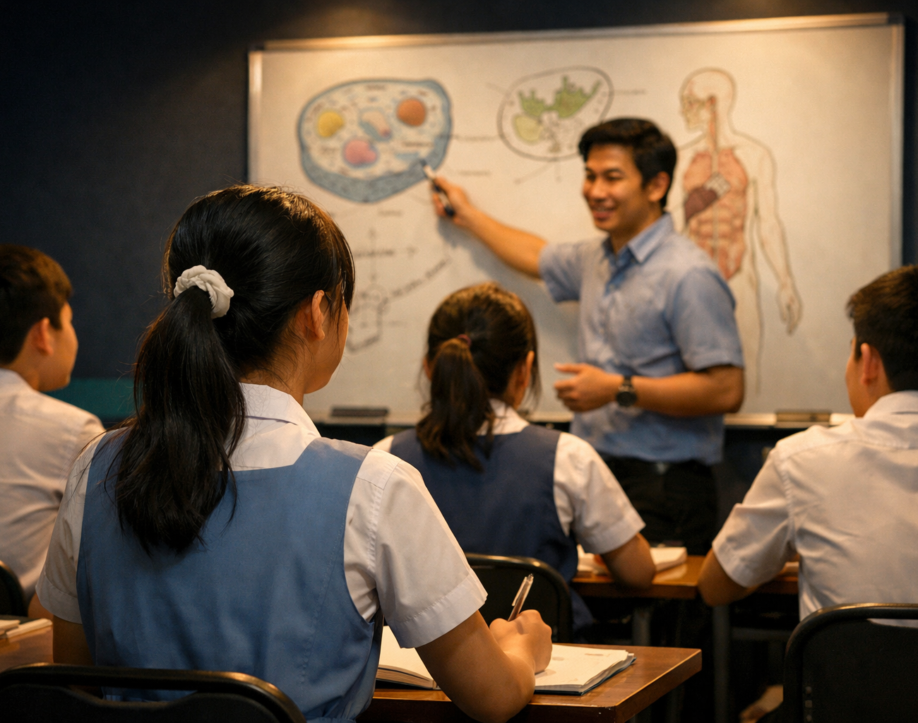 Singapore O Level student in a small biology tuition class with a tutor at a whiteboard — IONX Labs biology tuition Singapore