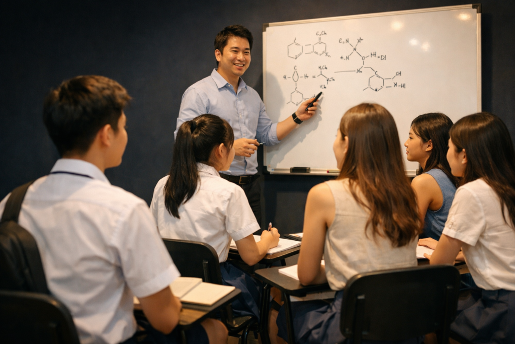 Singapore O Level student in a small chemistry tuition class with a tutor at a whiteboard — IONX Labs chemistry tuition Singapore