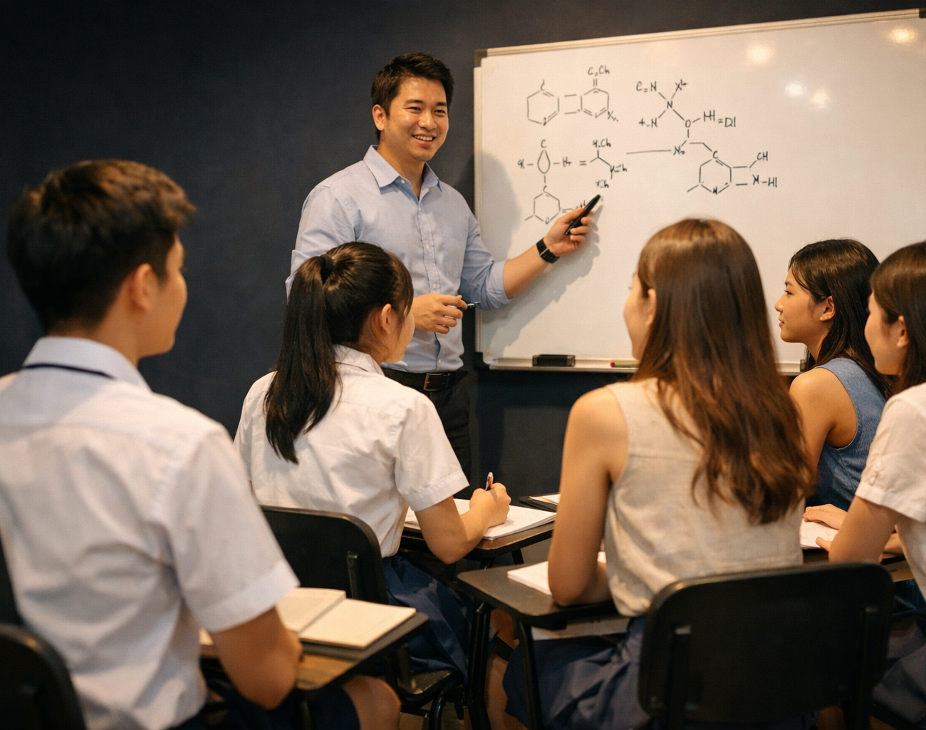 Singapore O Level student in a small chemistry tuition class with a tutor at a whiteboard — IONX Labs chemistry tuition Singapore