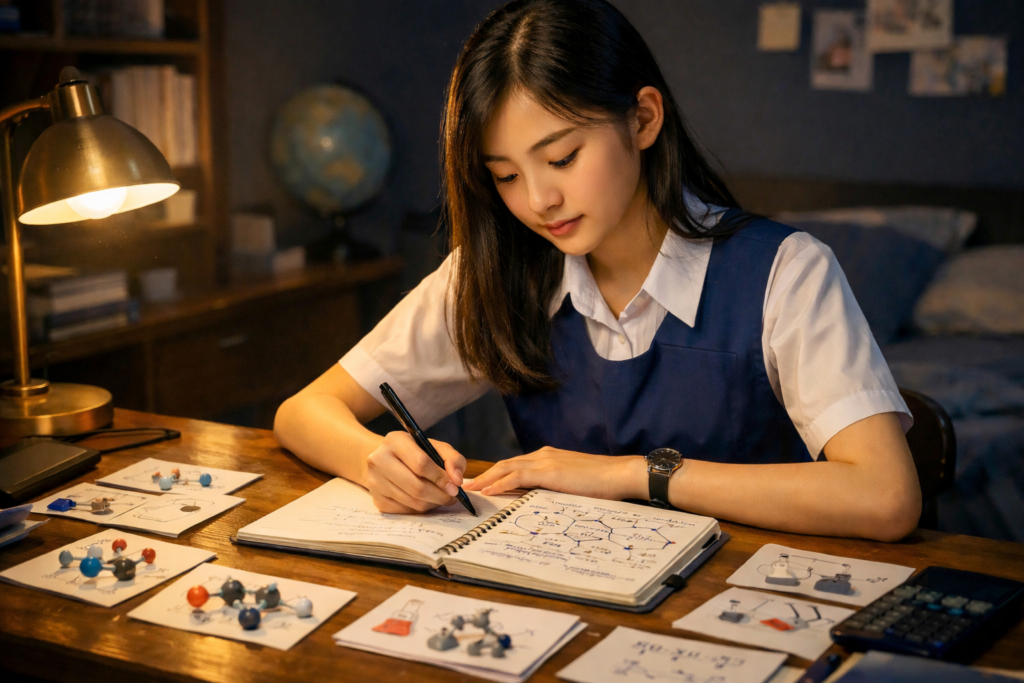Singapore O Level chemistry student studying with flashcards and mind maps at a desk — IONX Labs how to study O level chemistry