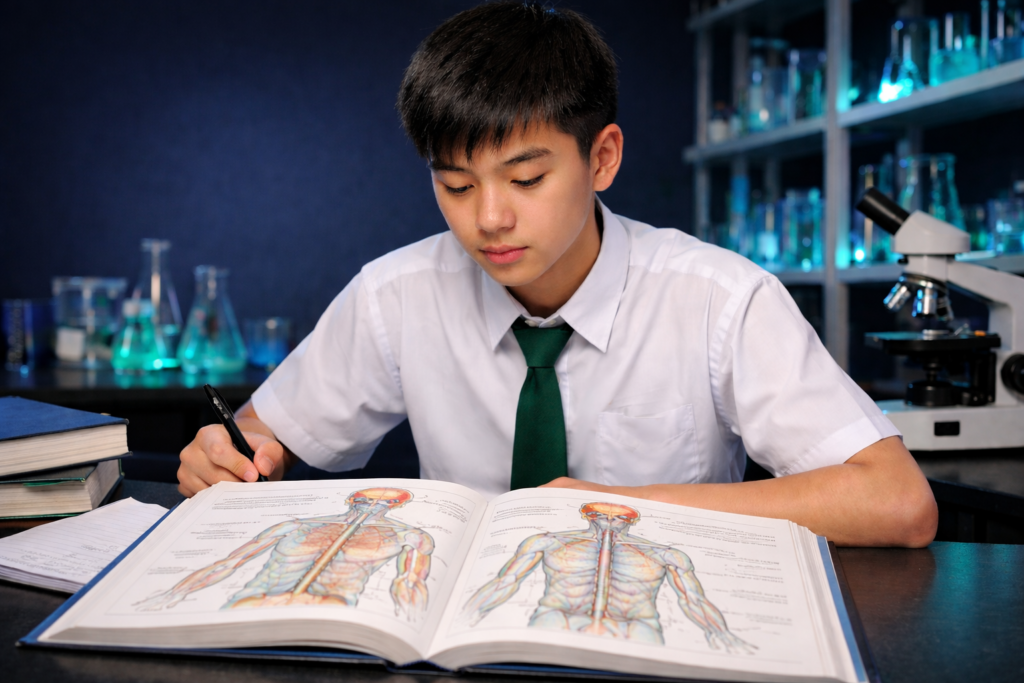 Singapore O Level biology student studying a human nervous system diagram showing brain, spinal cord and nerve pathways in a school classroom — IONX Labs tuition