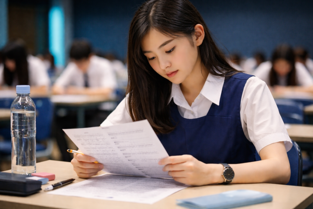 Singapore O Level student carefully reading a biology MCQ exam paper in an exam hall — IONX Labs O level biology MCQ strategies
