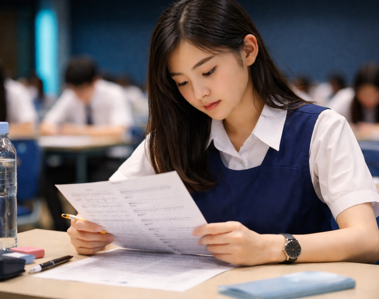 Singapore O Level student carefully reading a biology MCQ exam paper in an exam hall — IONX Labs O level biology MCQ strategies