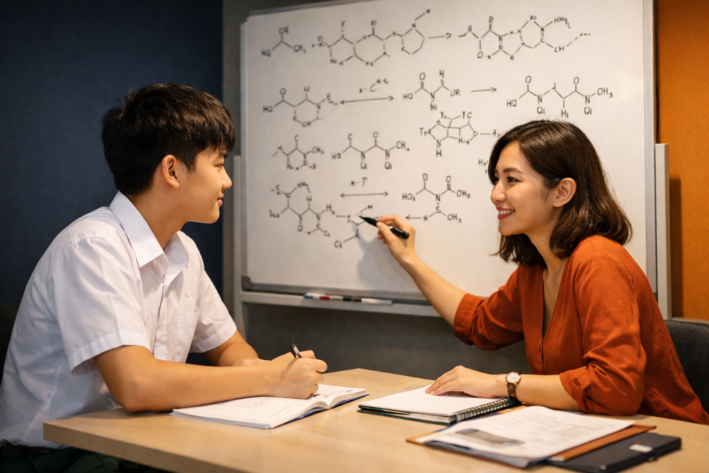 Singapore O Level student working with a chemistry tutor at a whiteboard in a small class — IONX Labs O level chemistry tuition Singapore