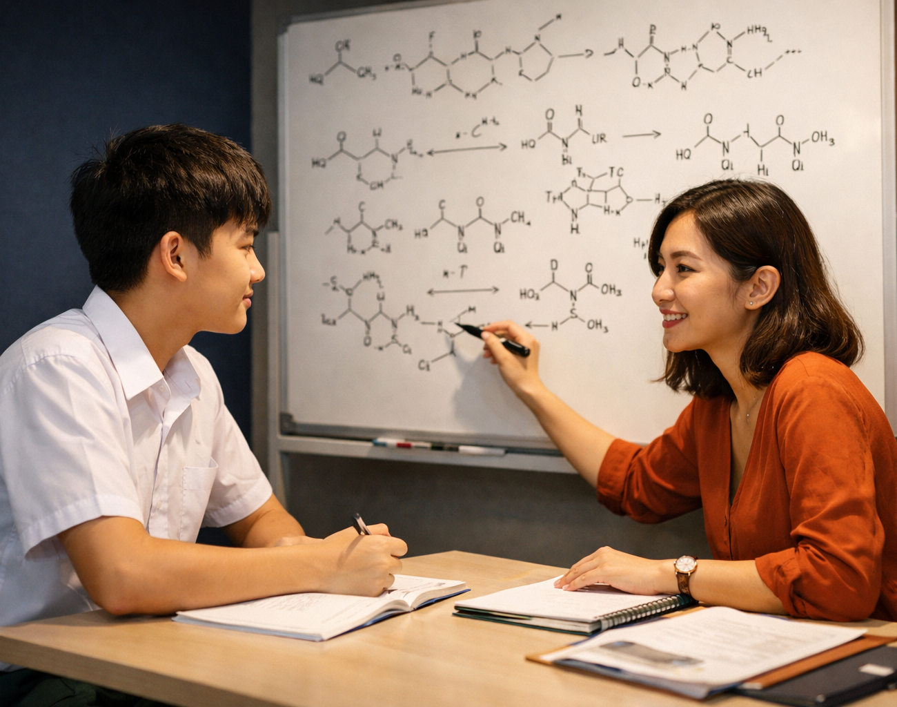 Singapore O Level student working with a chemistry tutor at a whiteboard in a small class — IONX Labs O level chemistry tuition Singapore