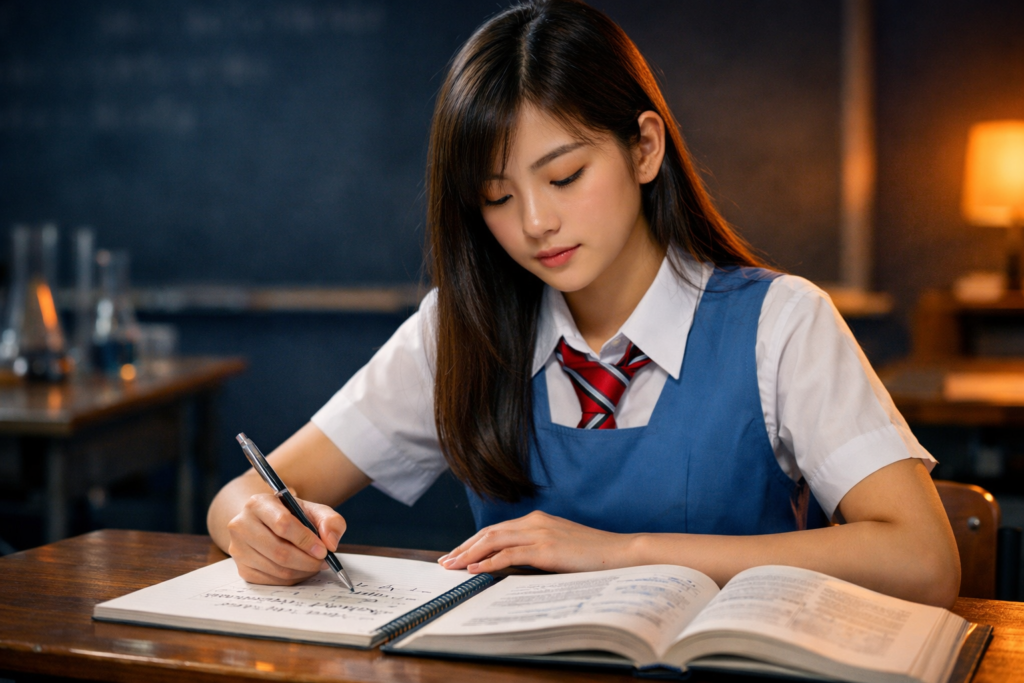 Singapore O Level chemistry student working through stoichiometry calculations with balanced equations in a school classroom — IONX Labs tuition